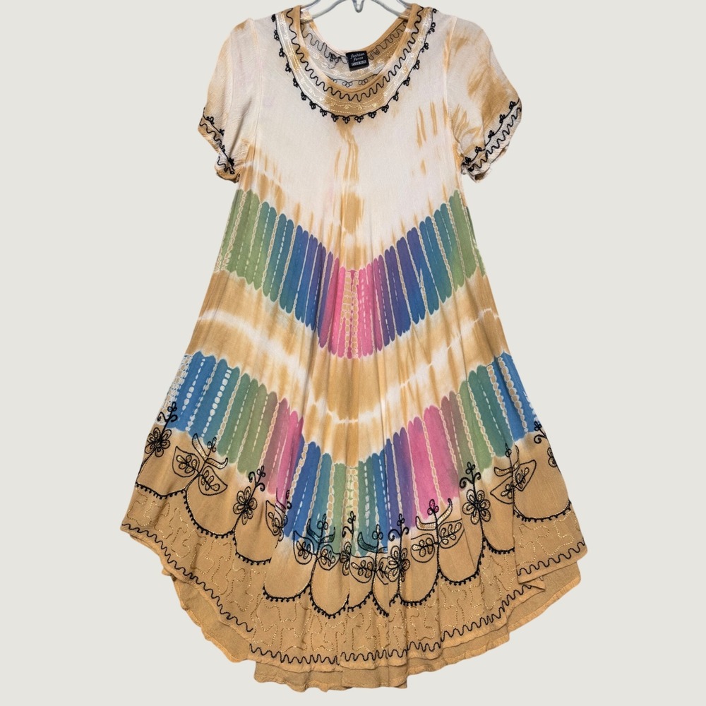 Fashion Force Plus Size Rainbow Tie Dye Embroidered Maxi Dress Short Sleeve Boho